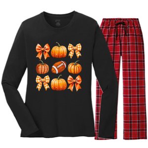 Coquette Bow Pumpkin Season Football Fall Autumn Halloween Women's Long Sleeve Flannel Pajama Set 