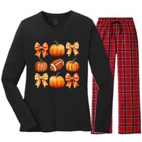 Coquette Bow Pumpkin Season Football Fall Autumn Halloween Women's Long Sleeve Flannel Pajama Set 