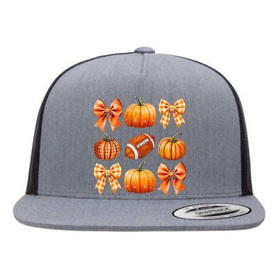 Coquette Bow Pumpkin Season Football Fall Autumn Halloween Flat Bill Trucker Hat