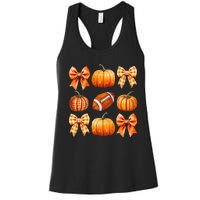 Coquette Bow Pumpkin Season Football Fall Autumn Halloween Women's Racerback Tank