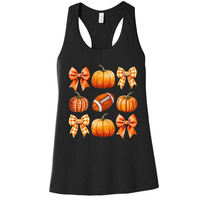 Coquette Bow Pumpkin Season Football Fall Autumn Halloween Women's Racerback Tank