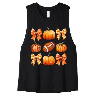 Coquette Bow Pumpkin Season Football Fall Autumn Halloween Women's Racerback Cropped Tank