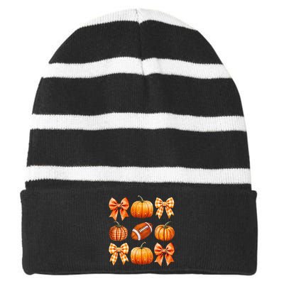 Coquette Bow Pumpkin Season Football Fall Autumn Halloween Striped Beanie with Solid Band