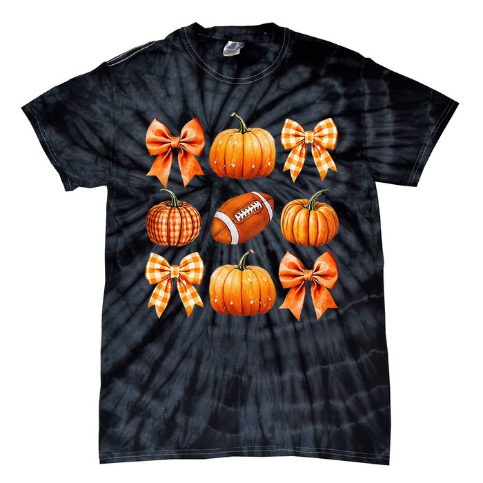 Coquette Bow Pumpkin Season Football Fall Autumn Halloween Tie-Dye T-Shirt