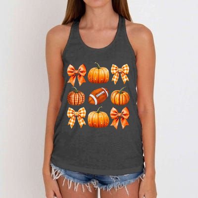 Coquette Bow Pumpkin Season Football Fall Autumn Halloween Women's Knotted Racerback Tank