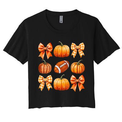 Coquette Bow Pumpkin Season Football Fall Autumn Halloween Women's Crop Top Tee