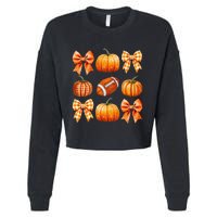 Coquette Bow Pumpkin Season Football Fall Autumn Halloween Cropped Pullover Crew