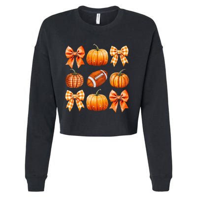 Coquette Bow Pumpkin Season Football Fall Autumn Halloween Cropped Pullover Crew