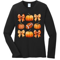 Coquette Bow Pumpkin Season Football Fall Autumn Halloween Ladies Long Sleeve Shirt