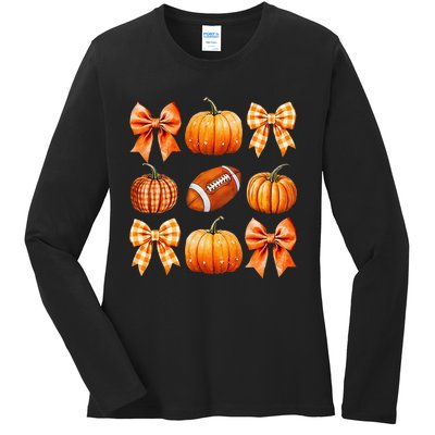 Coquette Bow Pumpkin Season Football Fall Autumn Halloween Ladies Long Sleeve Shirt