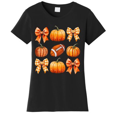 Coquette Bow Pumpkin Season Football Fall Autumn Halloween Women's T-Shirt