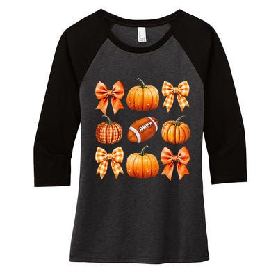 Coquette Bow Pumpkin Season Football Fall Autumn Halloween Women's Tri-Blend 3/4-Sleeve Raglan Shirt