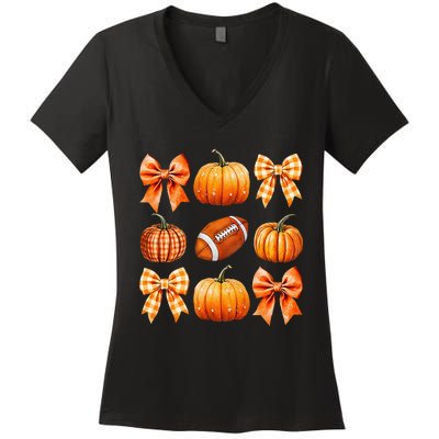 Coquette Bow Pumpkin Season Football Fall Autumn Halloween Women's V-Neck T-Shirt