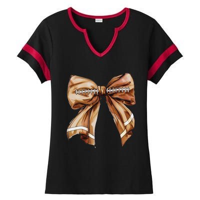 Coquette Bow Pumpkin American Football Thanksgiving Autumn Ladies Halftime Notch Neck Tee