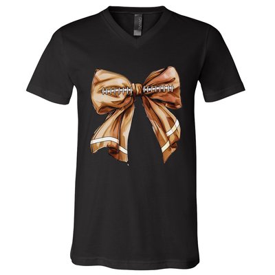 Coquette Bow Pumpkin American Football Thanksgiving Autumn V-Neck T-Shirt