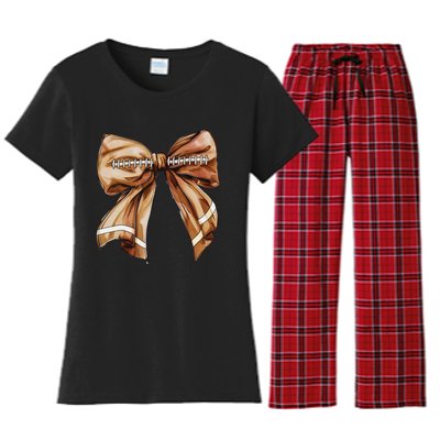 Coquette Bow Pumpkin American Football Thanksgiving Autumn Women's Flannel Pajama Set