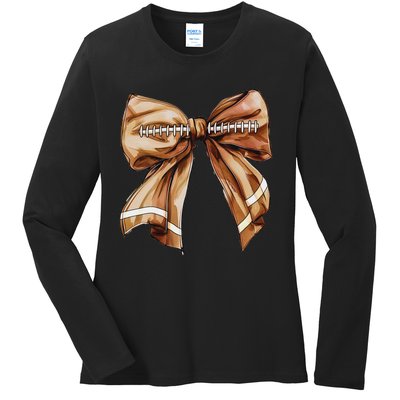 Coquette Bow Pumpkin American Football Thanksgiving Autumn Ladies Long Sleeve Shirt