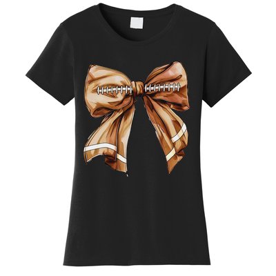 Coquette Bow Pumpkin American Football Thanksgiving Autumn Women's T-Shirt