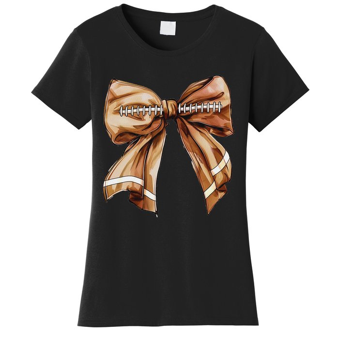 Coquette Bow Pumpkin American Football Thanksgiving Autumn Women's T-Shirt