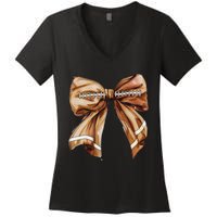 Coquette Bow Pumpkin American Football Thanksgiving Autumn Women's V-Neck T-Shirt