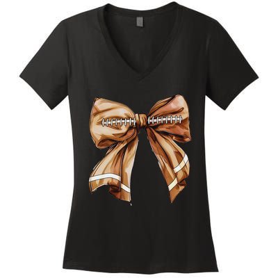 Coquette Bow Pumpkin American Football Thanksgiving Autumn Women's V-Neck T-Shirt