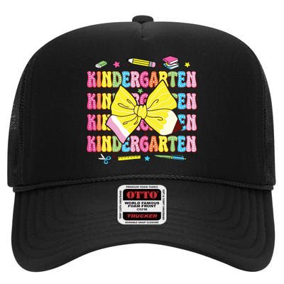 Coquette Bow Pencil Retro Kindergarten Funny Back To School High Crown Mesh Back Trucker Hat