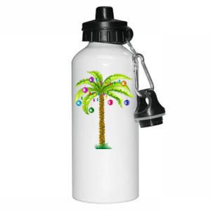 Christmas Beach Palm Tree With Xmas Lights Tropical Gift Aluminum Water Bottle