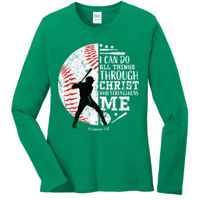 Cool Baseball Player Christian Bible Verse Ladies Long Sleeve Shirt