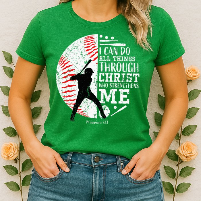 Cool Baseball Player Christian Bible Verse Womens T-Shirt