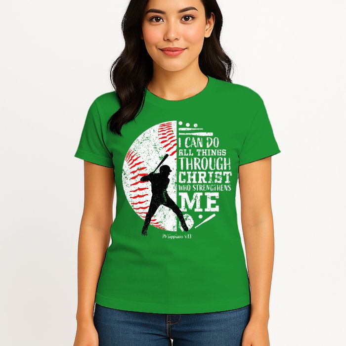 Cool Baseball Player Christian Bible Verse Womens T-Shirt