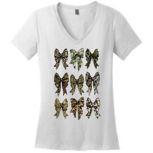 Camouflage Bow Pattern Graphic Women's V-Neck T-Shirt