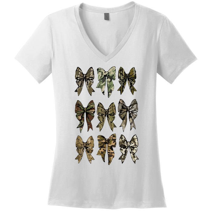 Camouflage Bow Pattern Graphic Women's V-Neck T-Shirt