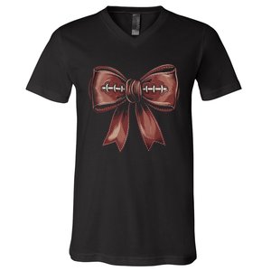 Coquette Bow Pumpkin American Football Autumn Thanksgiving V-Neck T-Shirt