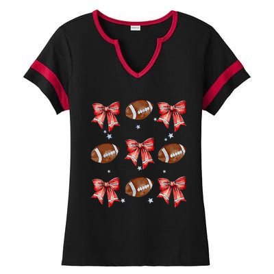 Coquette Bow Pumpkin American Football Thanksgiving Autumn Ladies Halftime Notch Neck Tee