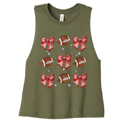 Coquette Bow Pumpkin American Football Thanksgiving Autumn Women's Racerback Cropped Tank