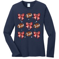 Coquette Bow Pumpkin American Football Thanksgiving Autumn Ladies Long Sleeve Shirt