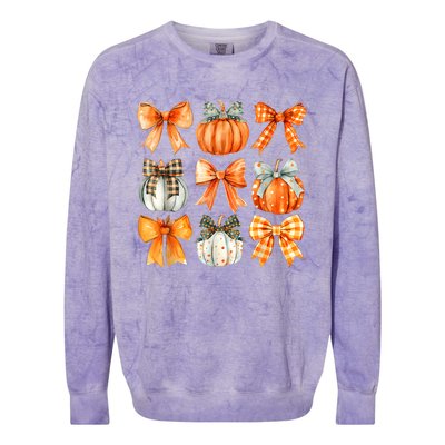 Coquette Bow Pumpkin Season Thanksgiving Autumn Fall Leaves Colorblast Crewneck Sweatshirt