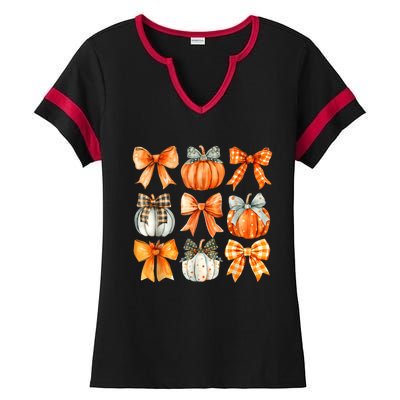 Coquette Bow Pumpkin Season Thanksgiving Autumn Fall Leaves Ladies Halftime Notch Neck Tee