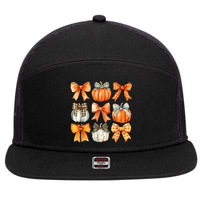 Coquette Bow Pumpkin Season Thanksgiving Autumn Fall Leaves 7 Panel Mesh Trucker Snapback Hat