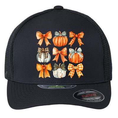 Coquette Bow Pumpkin Season Thanksgiving Autumn Fall Leaves Flexfit Unipanel Trucker Cap