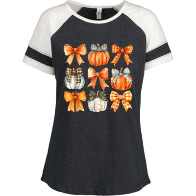 Coquette Bow Pumpkin Season Thanksgiving Autumn Fall Leaves Enza Ladies Jersey Colorblock Tee