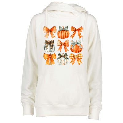 Coquette Bow Pumpkin Season Thanksgiving Autumn Fall Leaves Womens Funnel Neck Pullover Hood