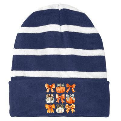 Coquette Bow Pumpkin Season Thanksgiving Autumn Fall Leaves Striped Beanie with Solid Band