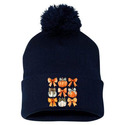 Coquette Bow Pumpkin Season Thanksgiving Autumn Fall Leaves Pom Pom 12in Knit Beanie