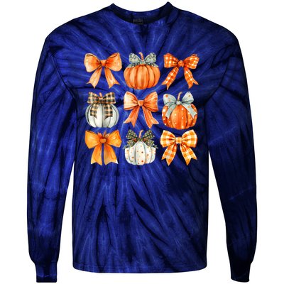 Coquette Bow Pumpkin Season Thanksgiving Autumn Fall Leaves Tie-Dye Long Sleeve Shirt