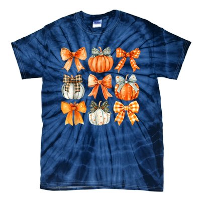 Coquette Bow Pumpkin Season Thanksgiving Autumn Fall Leaves Tie-Dye T-Shirt