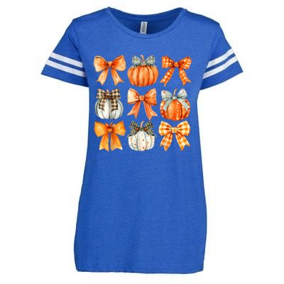 Coquette Bow Pumpkin Season Thanksgiving Autumn Fall Leaves Enza Ladies Jersey Football T-Shirt