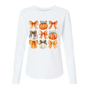 Coquette Bow Pumpkin Season Thanksgiving Autumn Fall Leaves Womens Cotton Relaxed Long Sleeve T-Shirt