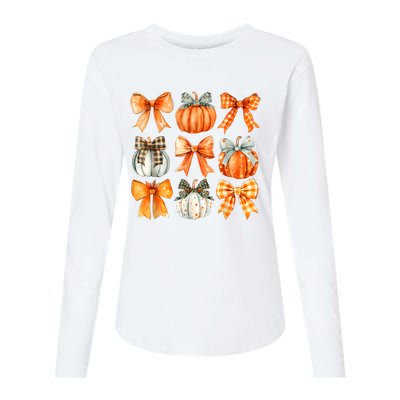 Coquette Bow Pumpkin Season Thanksgiving Autumn Fall Leaves Womens Cotton Relaxed Long Sleeve T-Shirt