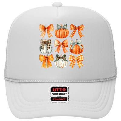 Coquette Bow Pumpkin Season Thanksgiving Autumn Fall Leaves High Crown Mesh Back Trucker Hat